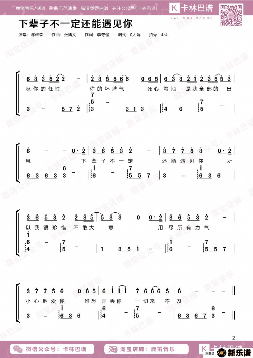 《下辈子不一定还能遇见你》简谱 陈雅森